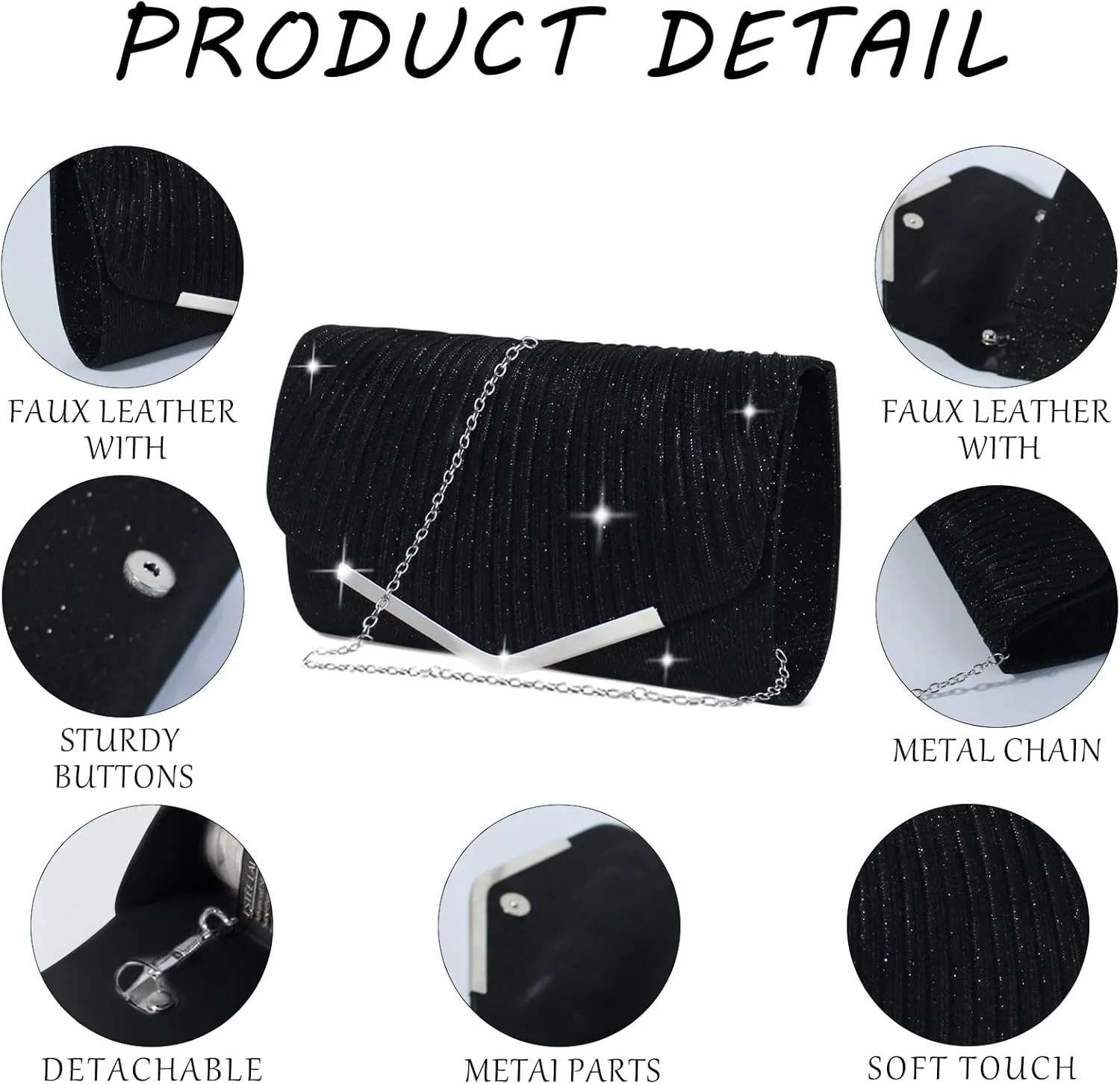 Shiny Sequin Envelope Clutch - Glitter Evening Bag with Chain for Wedding, Formal, Cocktail Party
