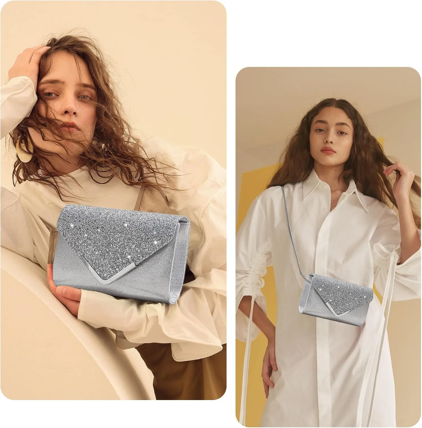 Shiny Sequin Envelope Clutch - Glitter Evening Bag with Chain for Wedding, Formal, Cocktail Party