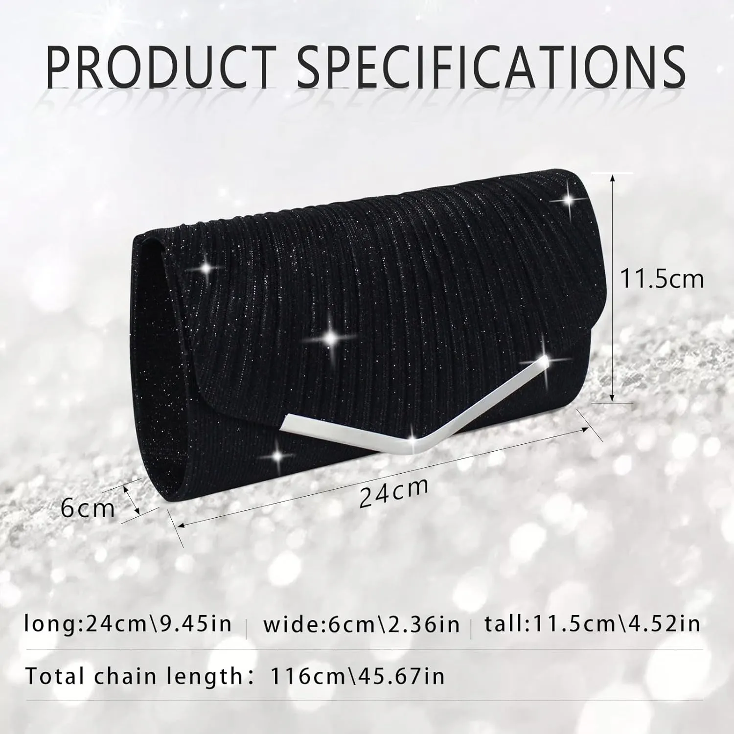 Shiny Sequin Envelope Clutch - Glitter Evening Bag with Chain for Wedding, Formal, Cocktail Party