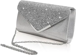 Shiny Sequin Envelope Clutch - Glitter Evening Bag with Chain for Wedding, Formal, Cocktail Party