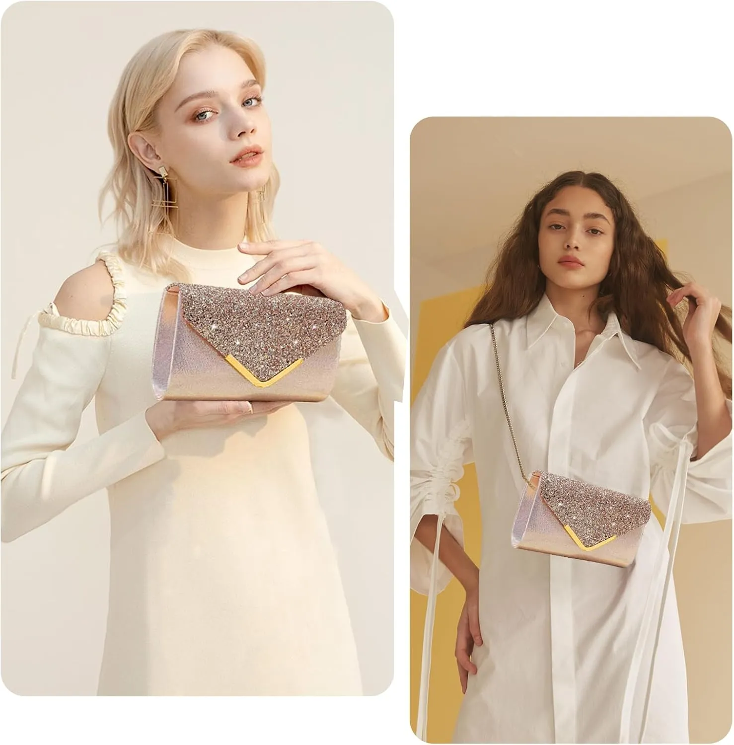 Shiny Sequin Envelope Clutch - Glitter Evening Bag with Chain for Wedding, Formal, Cocktail Party