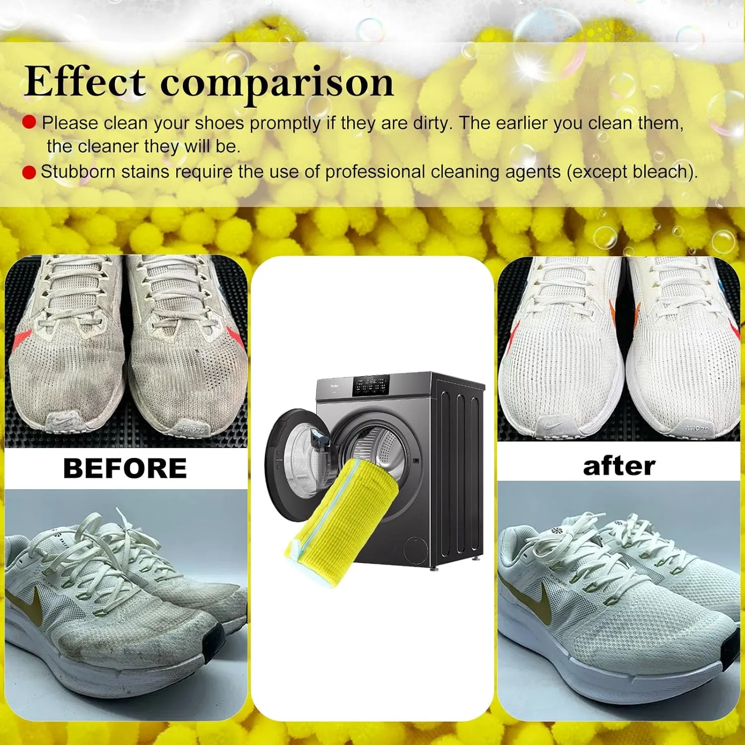 Shoe washing machine bag, Laundry shoe bag for washer and dryer, Reusable Zipper Plush Sneaker Washing Machine Bag for Shoes, Gym, Tennis, Sports Delicate Yellow 2 pc