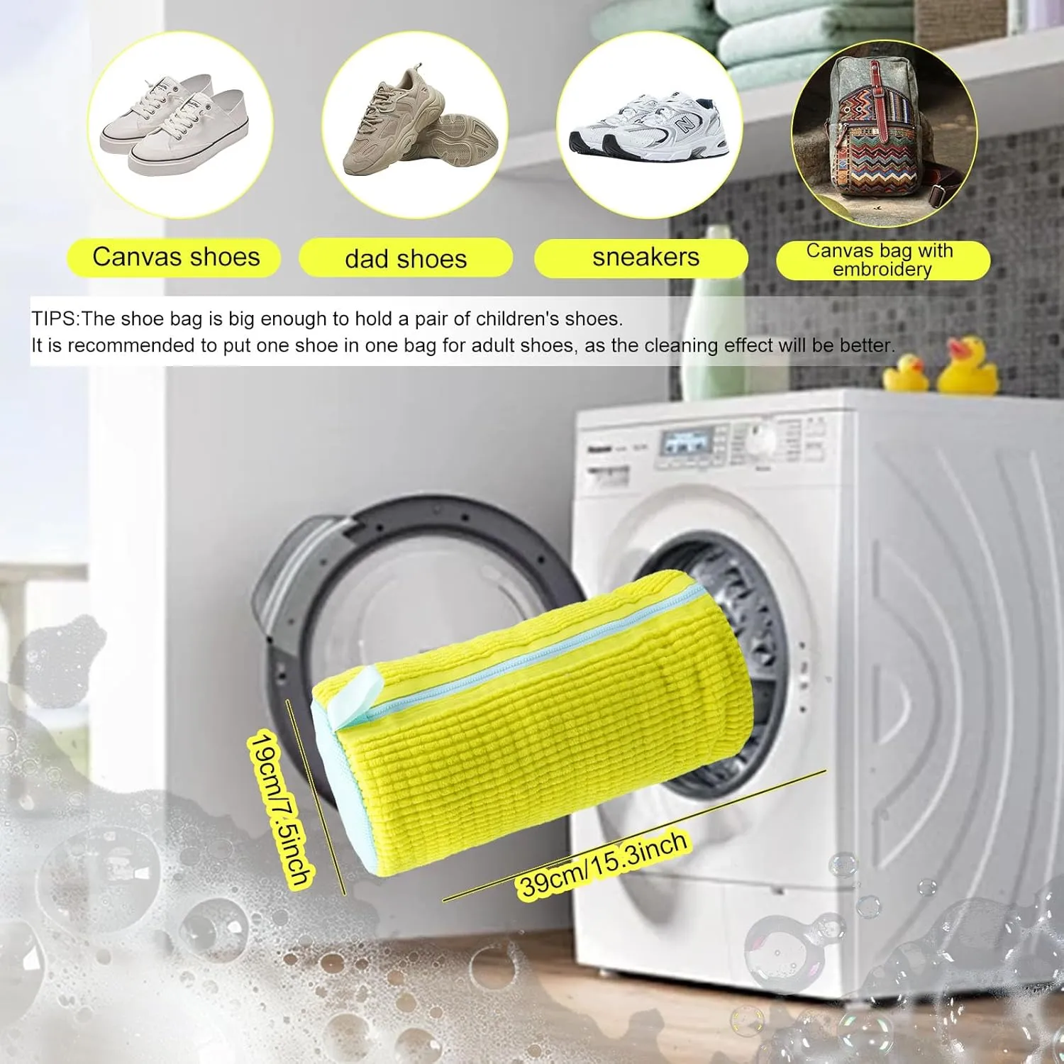 Shoe washing machine bag, Laundry shoe bag for washer and dryer, Reusable Zipper Plush Sneaker Washing Machine Bag for Shoes, Gym, Tennis, Sports Delicate Yellow 2 pc