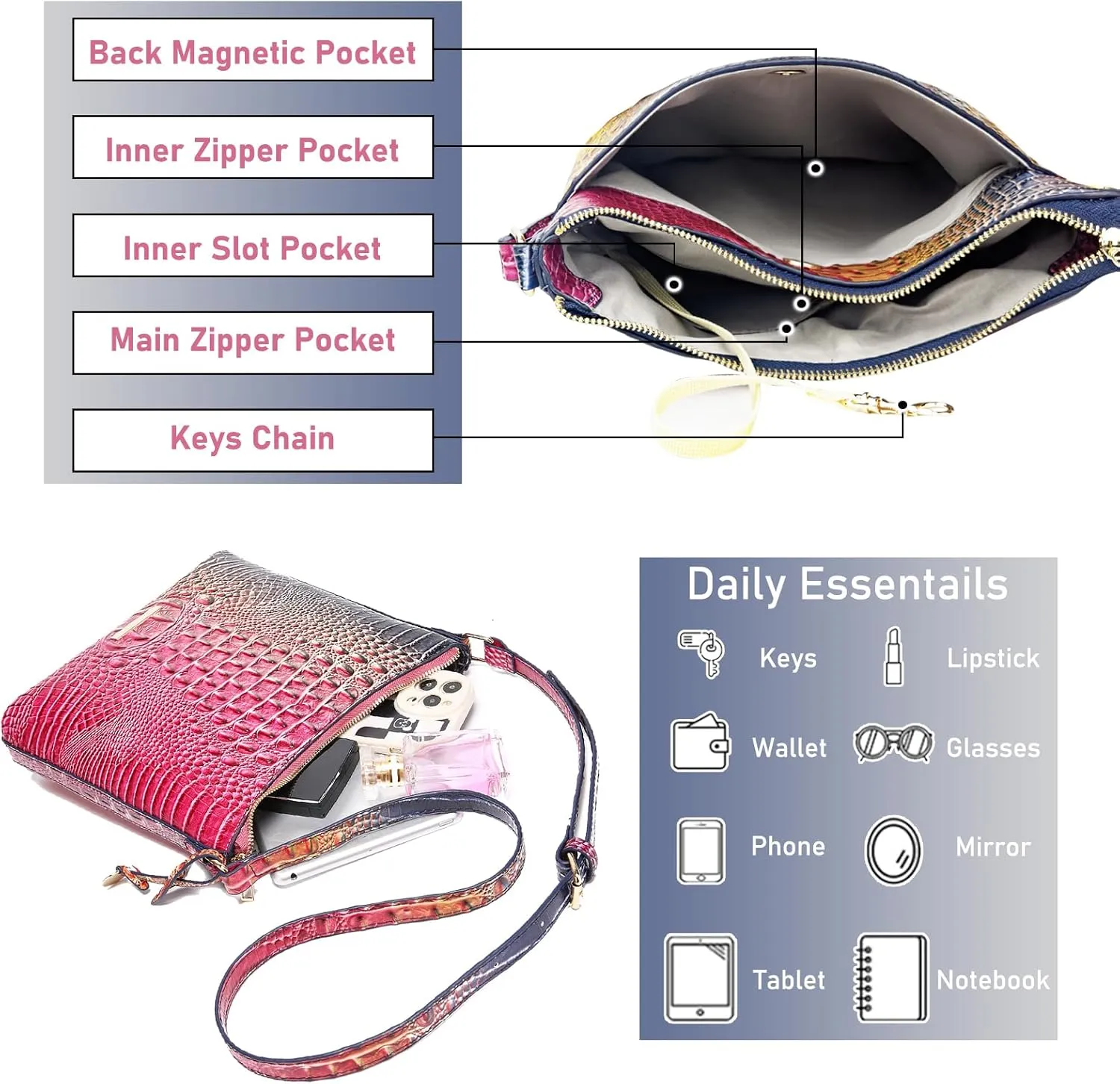 Shoulder Crocodile Flat Handbags for Women trendy Ladies Shoulder Bag Embossed Pattern Leather Crossbody Purse
