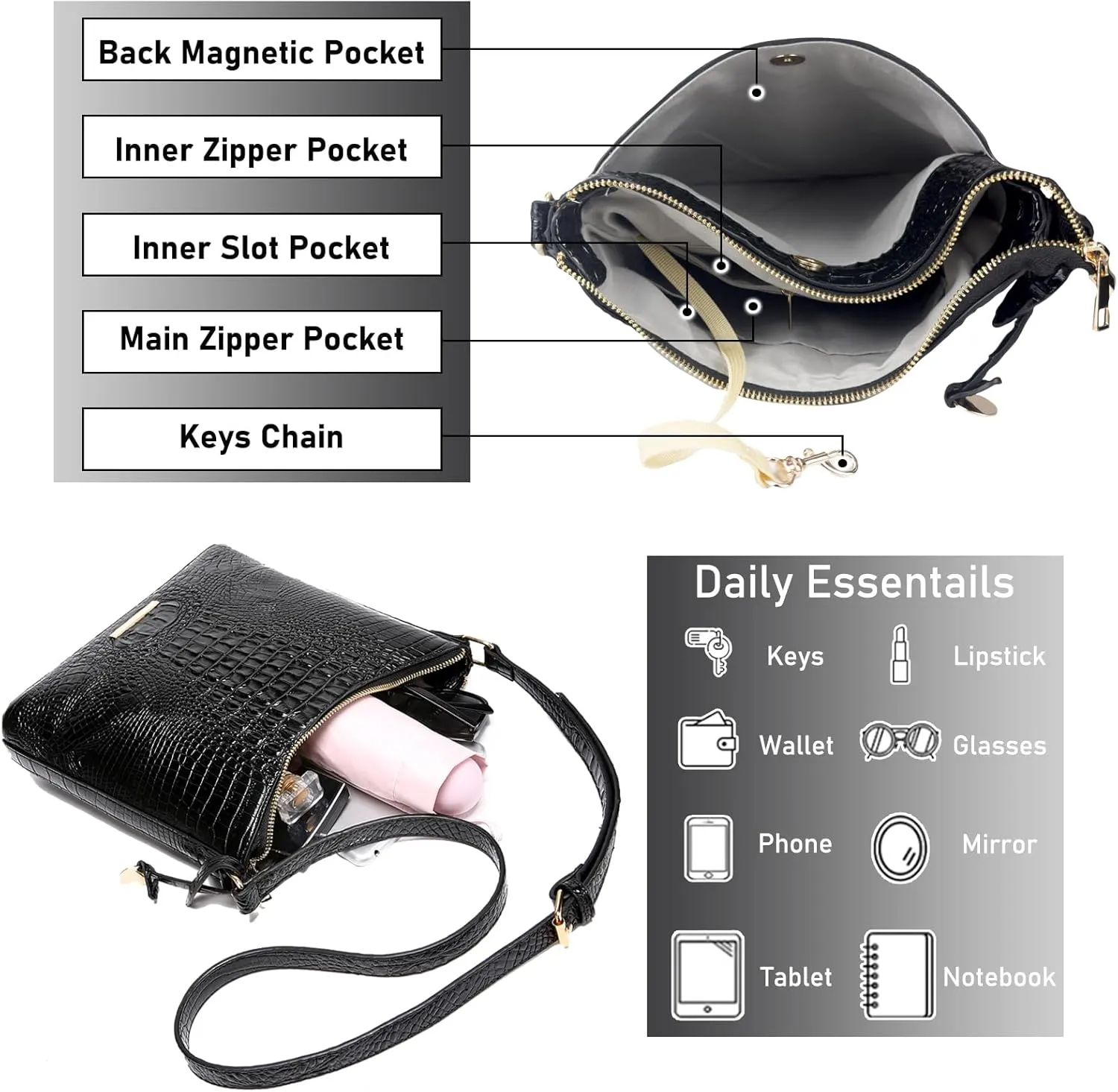 Shoulder Crocodile Flat Handbags for Women trendy Ladies Shoulder Bag Embossed Pattern Leather Crossbody Purse