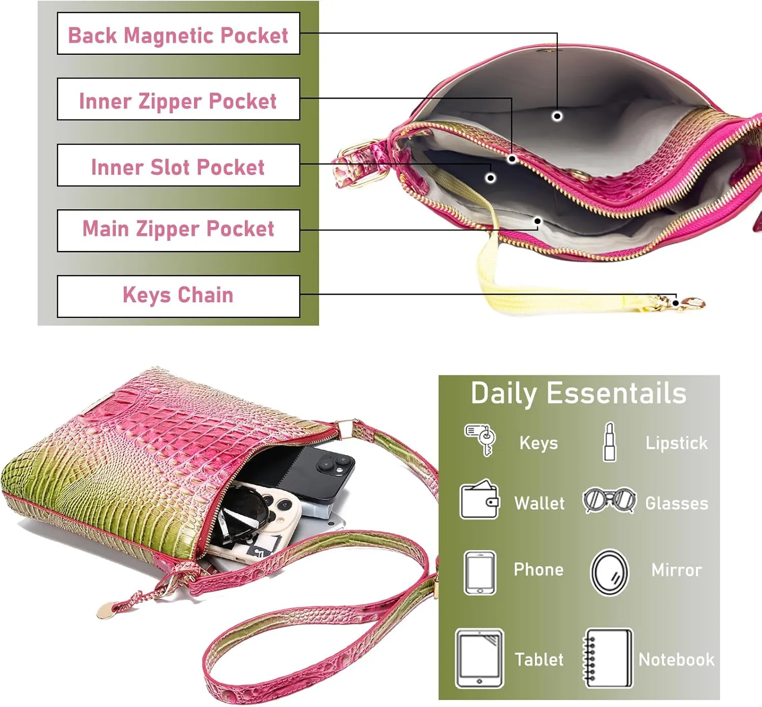 Shoulder Crocodile Flat Handbags for Women trendy Ladies Shoulder Bag Embossed Pattern Leather Crossbody Purse