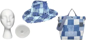 Shoulder denim bag, includes denim hat and mannequin to store hats.