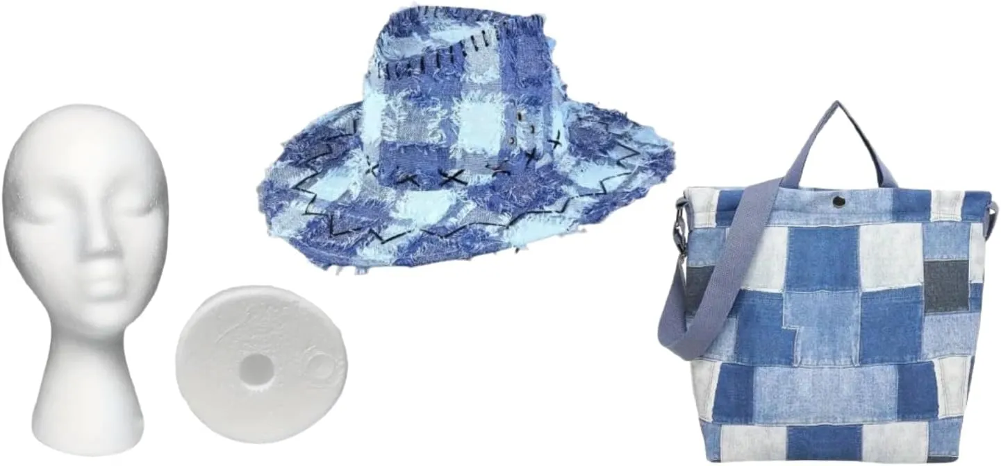 Shoulder denim bag, includes denim hat and mannequin to store hats.
