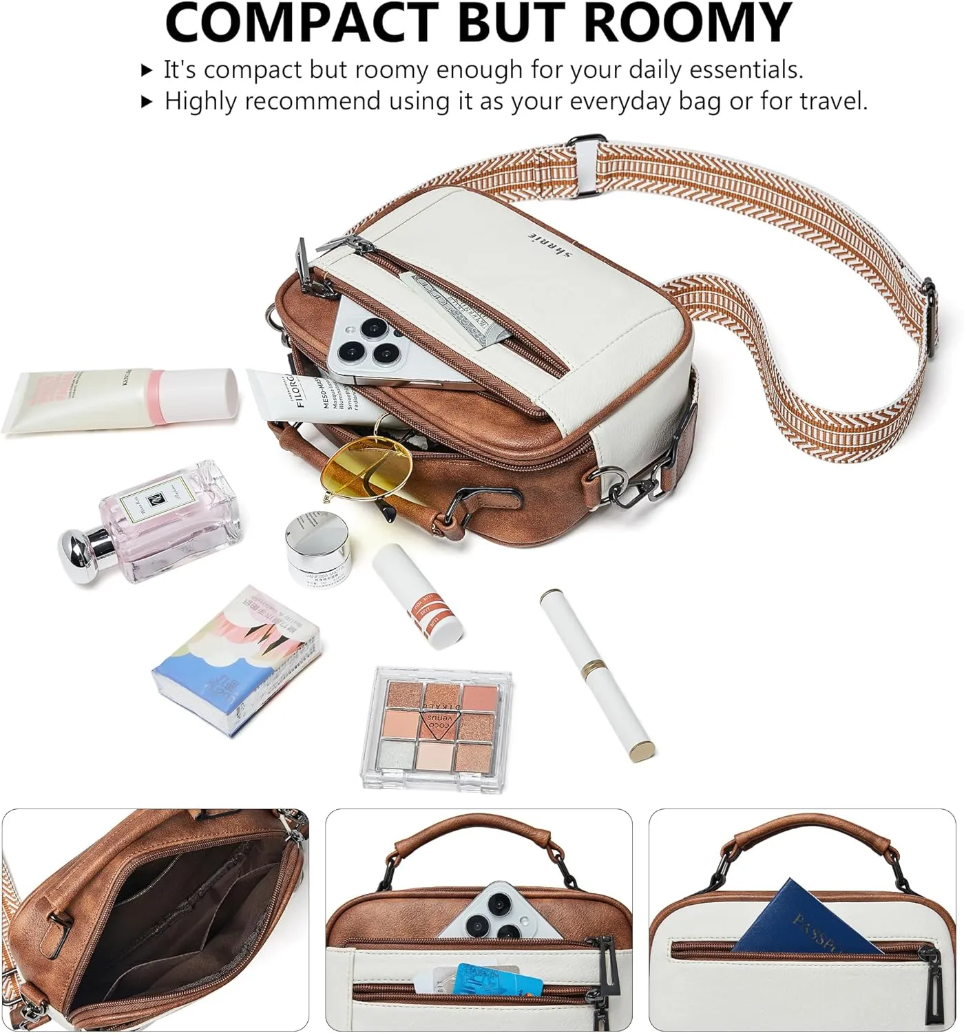 Shrrie Quilted Crossbody Bags for Women - Vegan Leather Crossbody Purses Triple Pocket Small Purses for Women Wide Strap