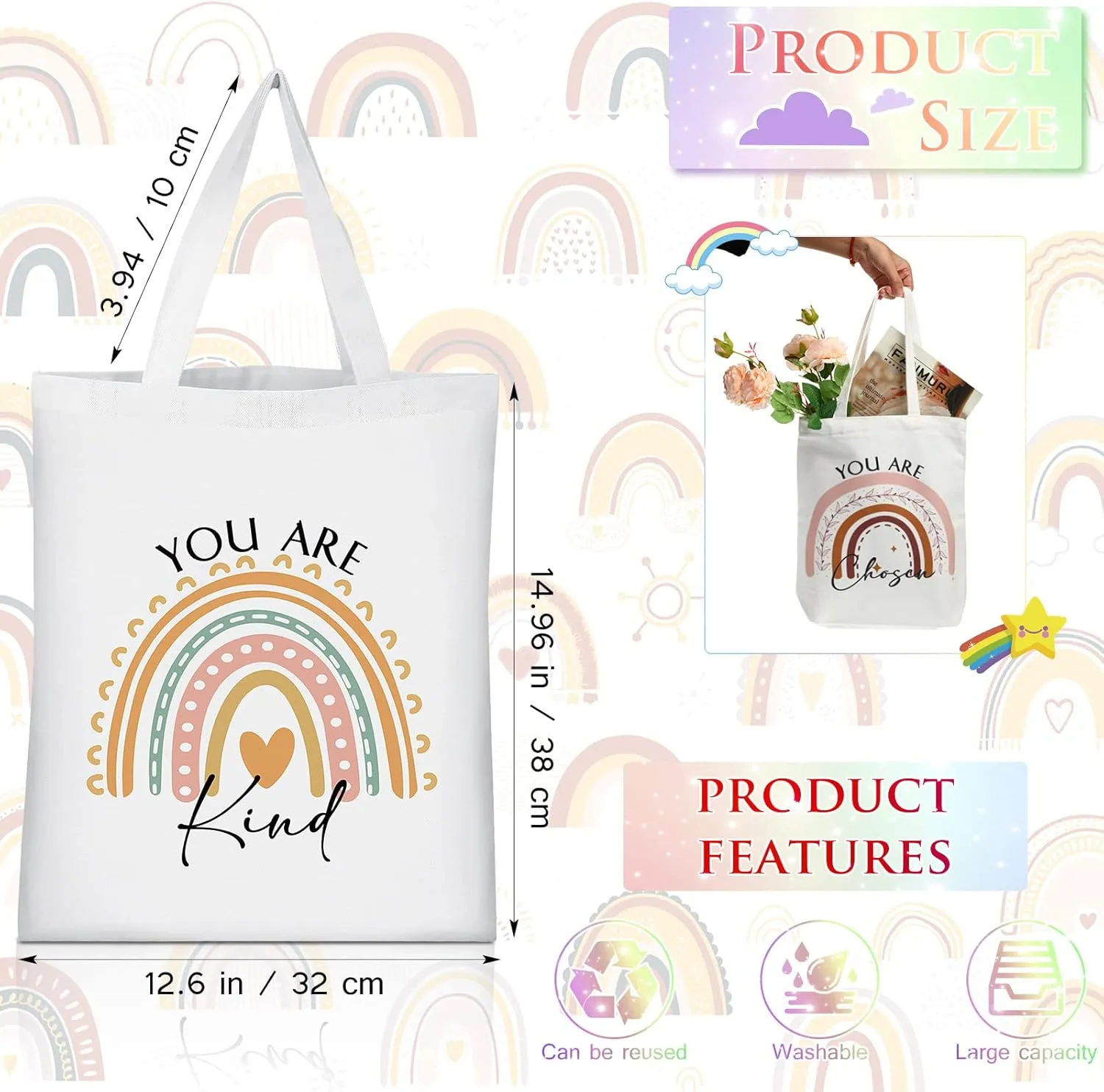 Sieral 10 Pcs Thank You Gifts, Canvas Tote Bags with Zipper, Inspirational & Motivational Quotes, for Employees, Nurses(Rainbow)