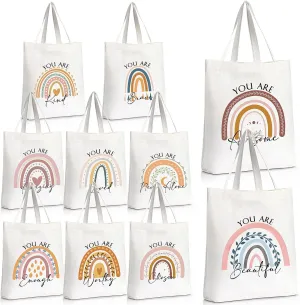 Sieral 10 Pcs Thank You Gifts, Canvas Tote Bags with Zipper, Inspirational & Motivational Quotes, for Employees, Nurses(Rainbow)