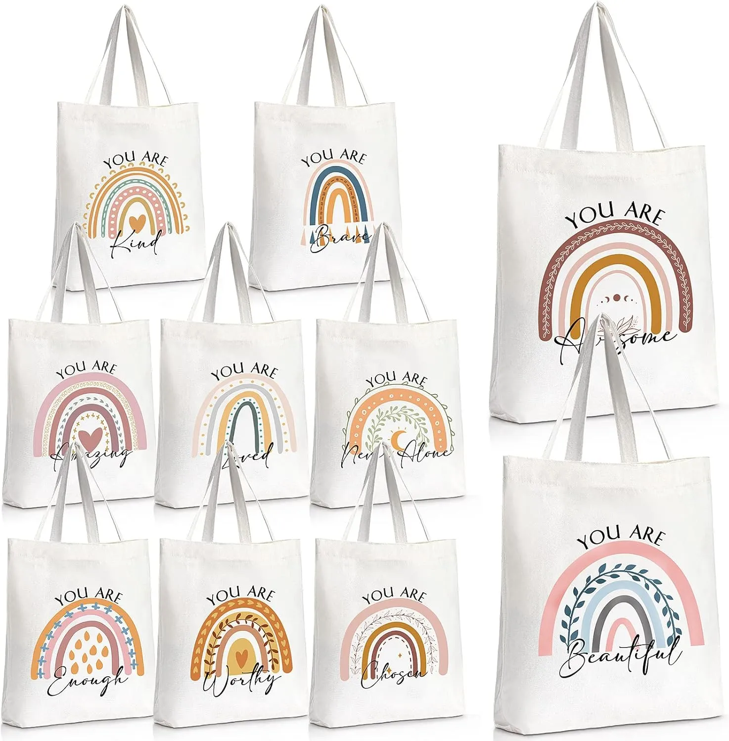 Sieral 10 Pcs Thank You Gifts, Canvas Tote Bags with Zipper, Inspirational & Motivational Quotes, for Employees, Nurses(Rainbow)