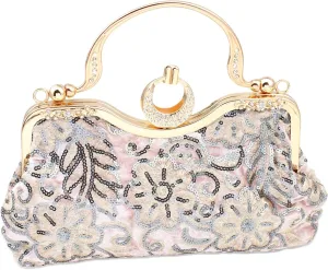 Simcat Evening Bag Beaded Clutch Handbag for Women, Floral Embroidery Rhinestone Vintage Bags for Wedding Prom Bridal Party