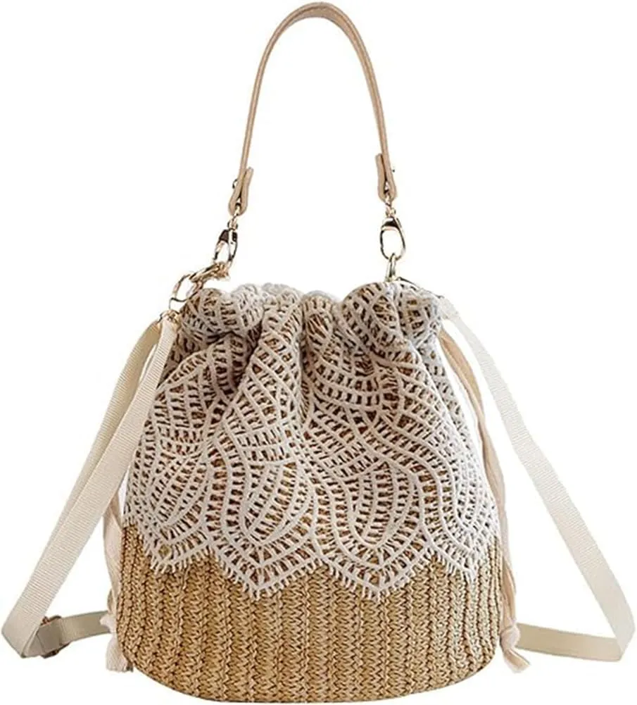 Sister Amy® Bamboo Handbag, Beach Purse Bag Half Moon Bag, Straw Lace Woven Travel Sling Bag Shoulder Crossbody Bag