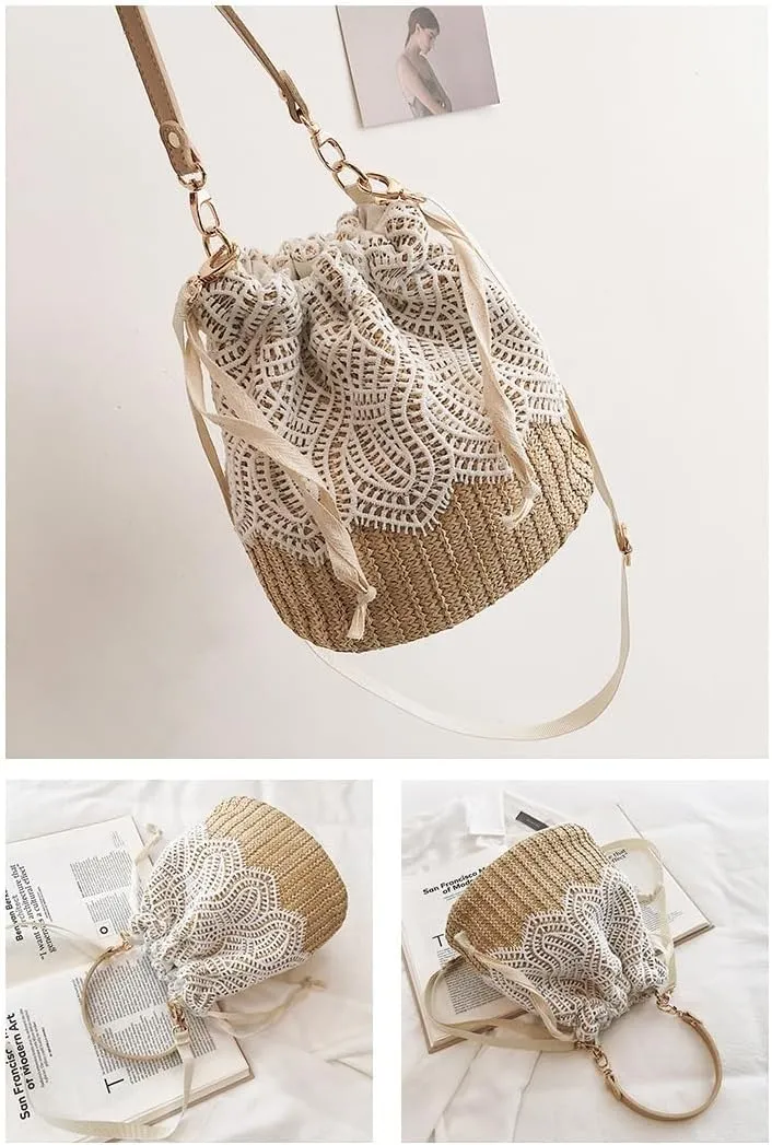 Sister Amy® Bamboo Handbag, Beach Purse Bag Half Moon Bag, Straw Lace Woven Travel Sling Bag Shoulder Crossbody Bag