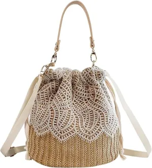 Sister Amy® Bamboo Handbag, Beach Purse Bag Half Moon Bag, Straw Lace Woven Travel Sling Bag Shoulder Crossbody Bag