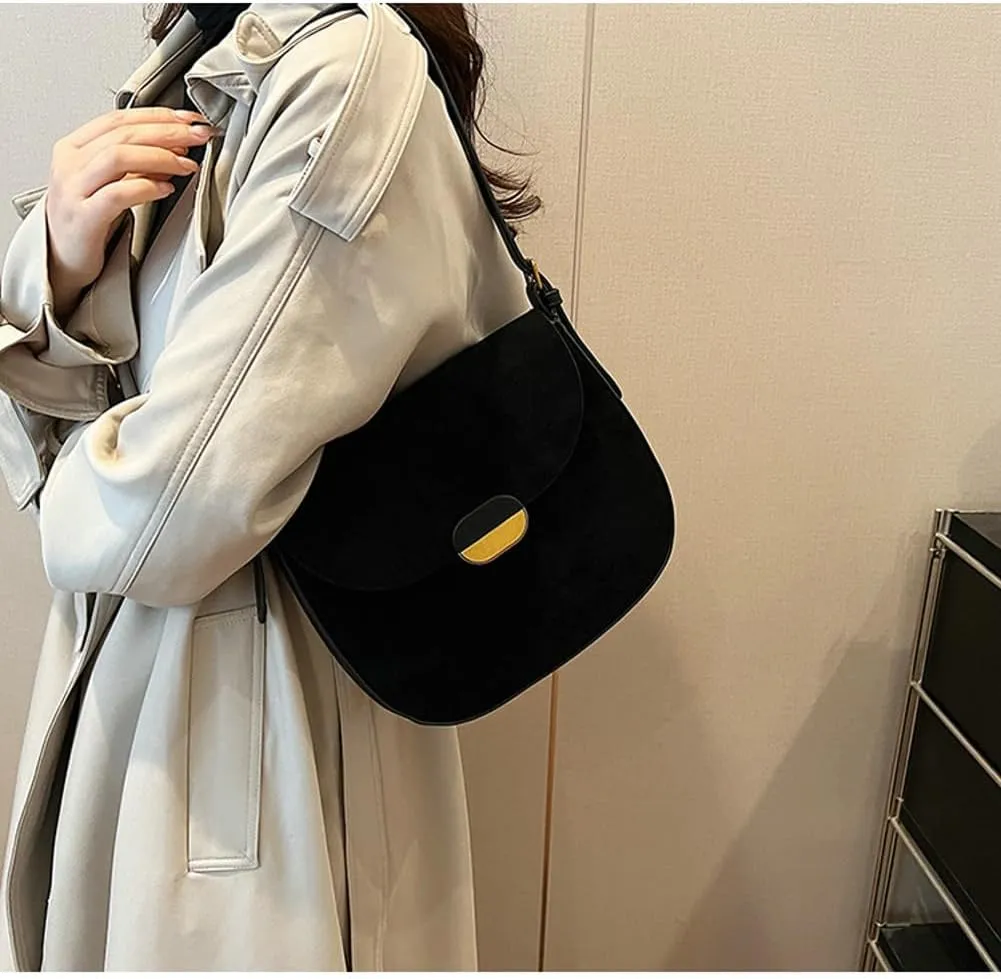 Slouchy Suede Saddle Bag Women Underarm Crescent Shoulder Hobo Bags Satchels Crossbody Purse Trendy Top-Handle Tote Handbag