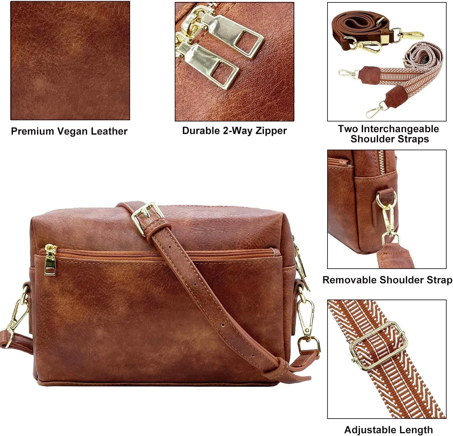 Small Crossbody Bags Purses for Women Triple Zip Vegan Leather Shoulder Handbags with Guitar & Leather Straps