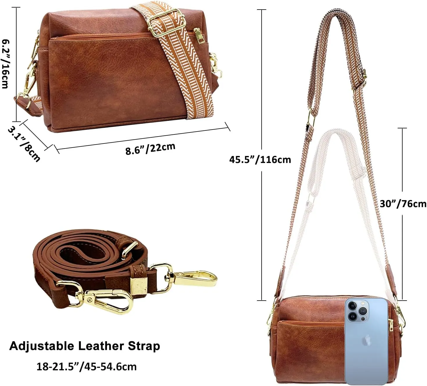 Small Crossbody Bags Purses for Women Triple Zip Vegan Leather Shoulder Handbags with Guitar & Leather Straps