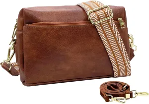 Small Crossbody Bags Purses for Women Triple Zip Vegan Leather Shoulder Handbags with Guitar & Leather Straps