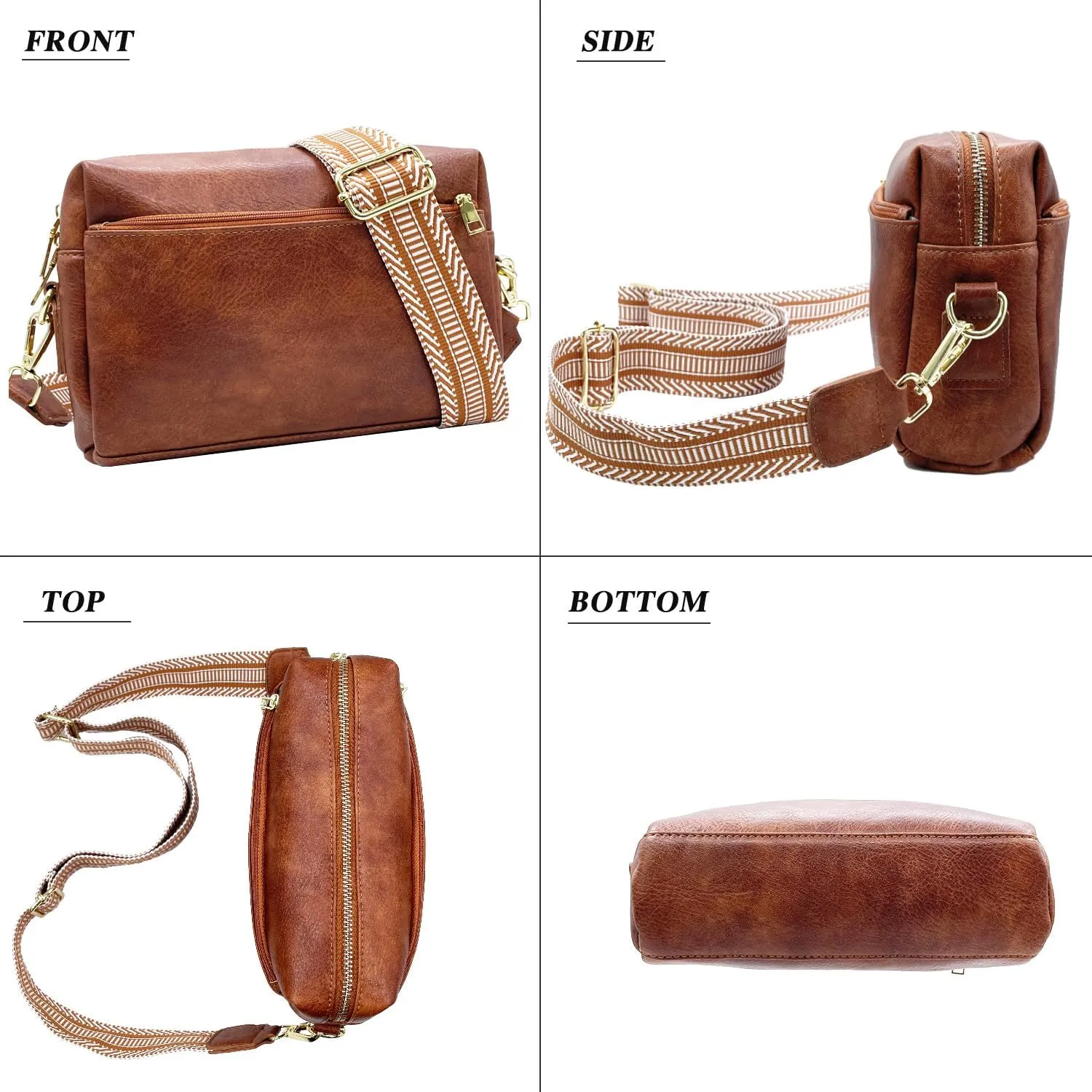 Small Crossbody Bags Purses for Women Triple Zip Vegan Leather Shoulder Handbags with Guitar & Leather Straps