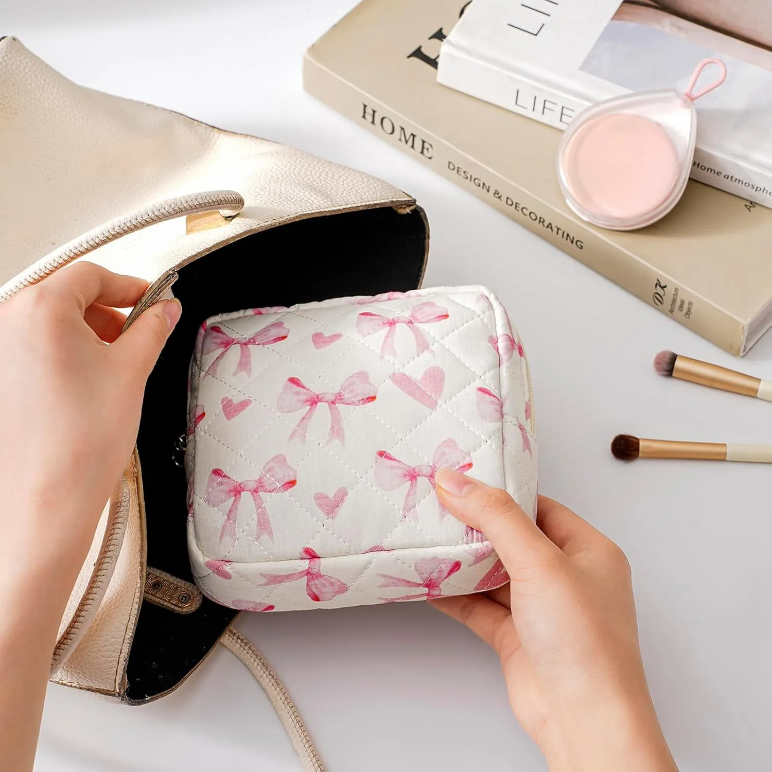Small Quilted Cosmetic Pouch for Purse, Mini Cotton Makeup Bag with Compartments, Cute Zipper Lipstick Holder for Women (02Heart Bow)