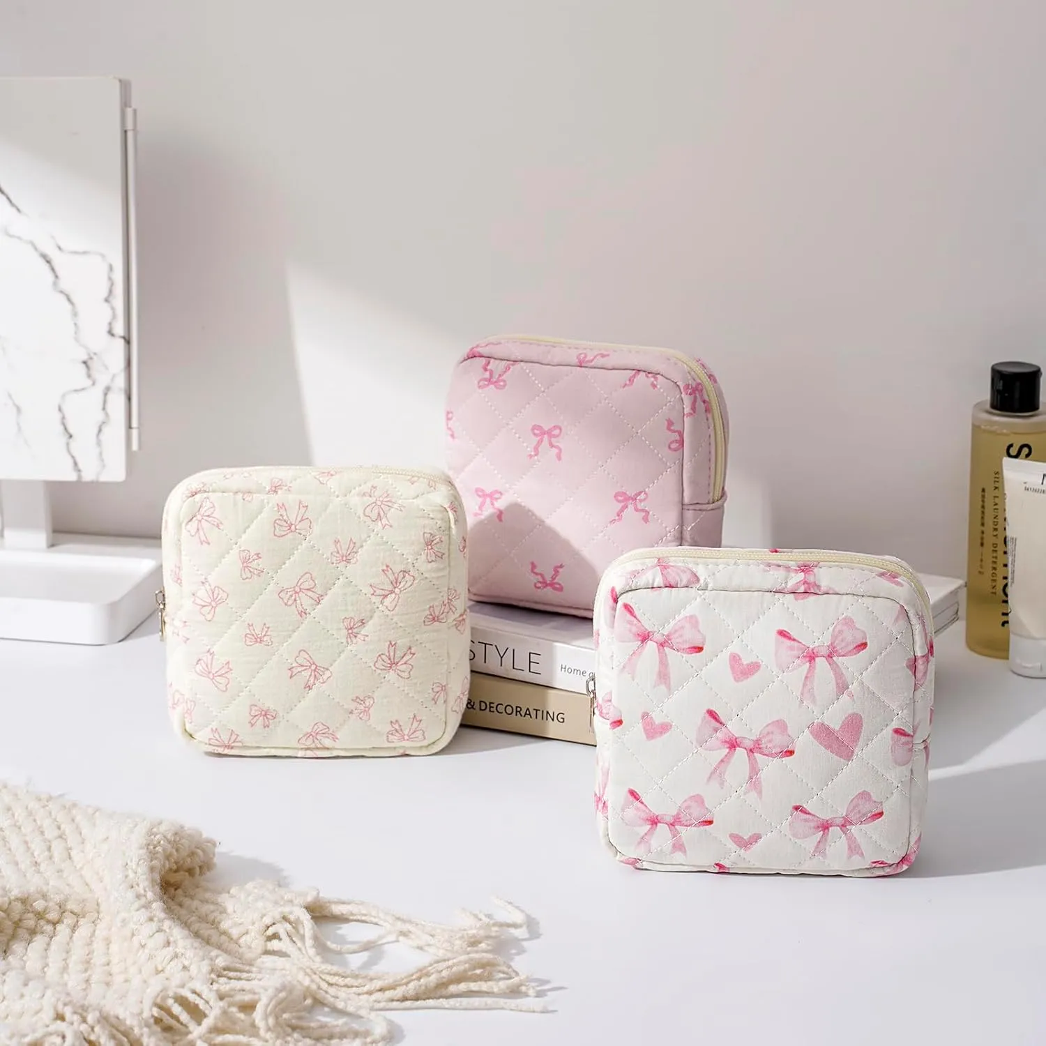 Small Quilted Cosmetic Pouch for Purse, Mini Cotton Makeup Bag with Compartments, Cute Zipper Lipstick Holder for Women (02Heart Bow)