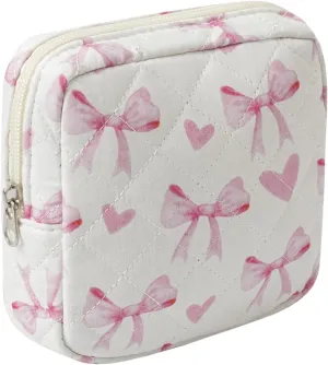 Small Quilted Cosmetic Pouch for Purse, Mini Cotton Makeup Bag with Compartments, Cute Zipper Lipstick Holder for Women (02Heart Bow)