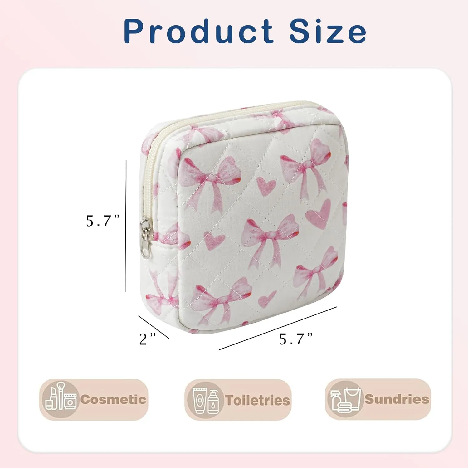 Small Quilted Cosmetic Pouch for Purse, Mini Cotton Makeup Bag with Compartments, Cute Zipper Lipstick Holder for Women (02Heart Bow)