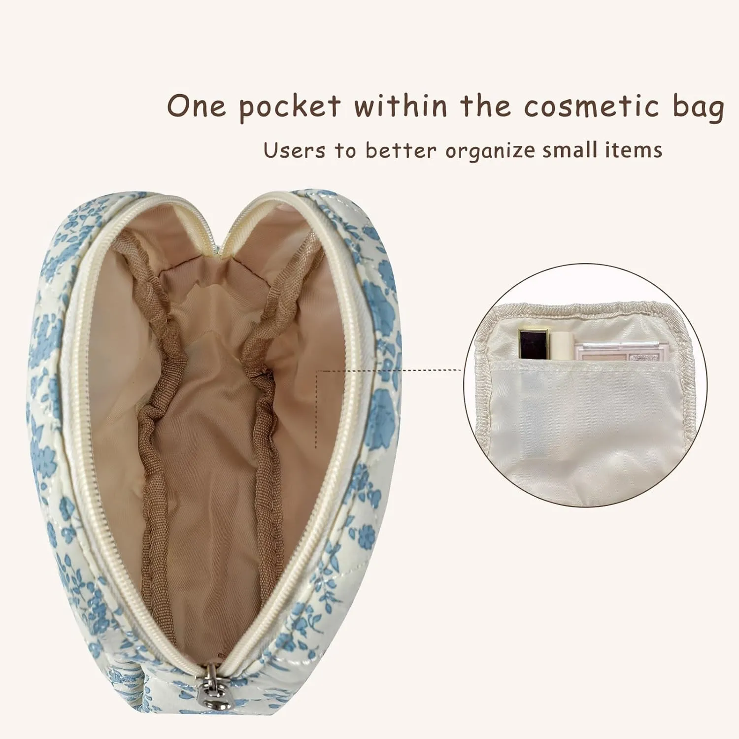 Small Quilted Cosmetic Pouch for Purse, Mini Cotton Makeup Bag with Compartments, Cute Zipper Lipstick Holder for Women (02Heart Bow)