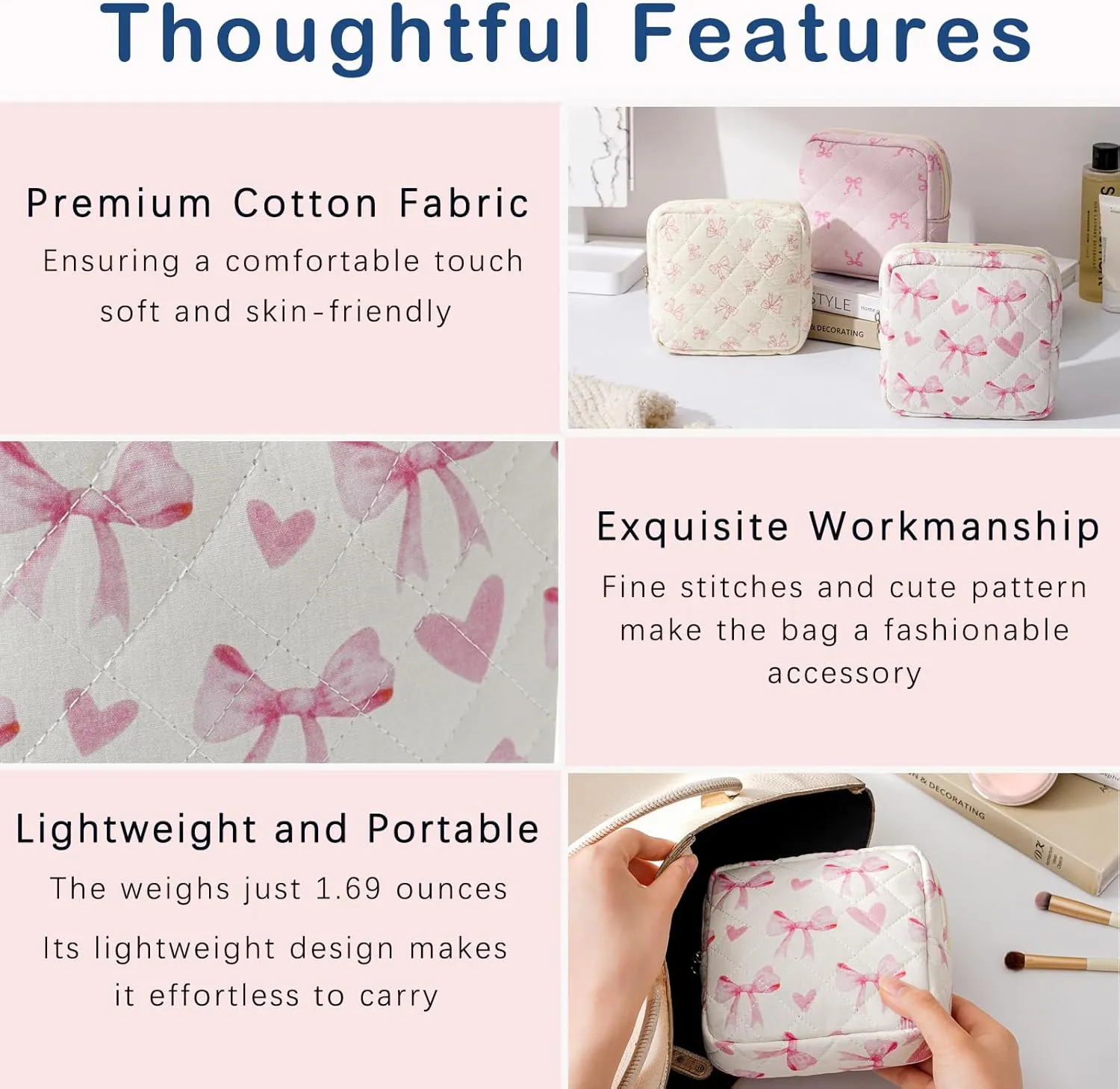 Small Quilted Cosmetic Pouch for Purse, Mini Cotton Makeup Bag with Compartments, Cute Zipper Lipstick Holder for Women (02Heart Bow)