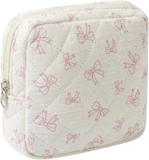 Small Quilted Cotton Makeup Bag for Purse, Cosmetic Bag with Compartments, Cotton Aesthetic Makeup Bag, Travel Toiletry Pouch, Lipstick Bag Card Holder Data Cable Organizer (09White Small bow)