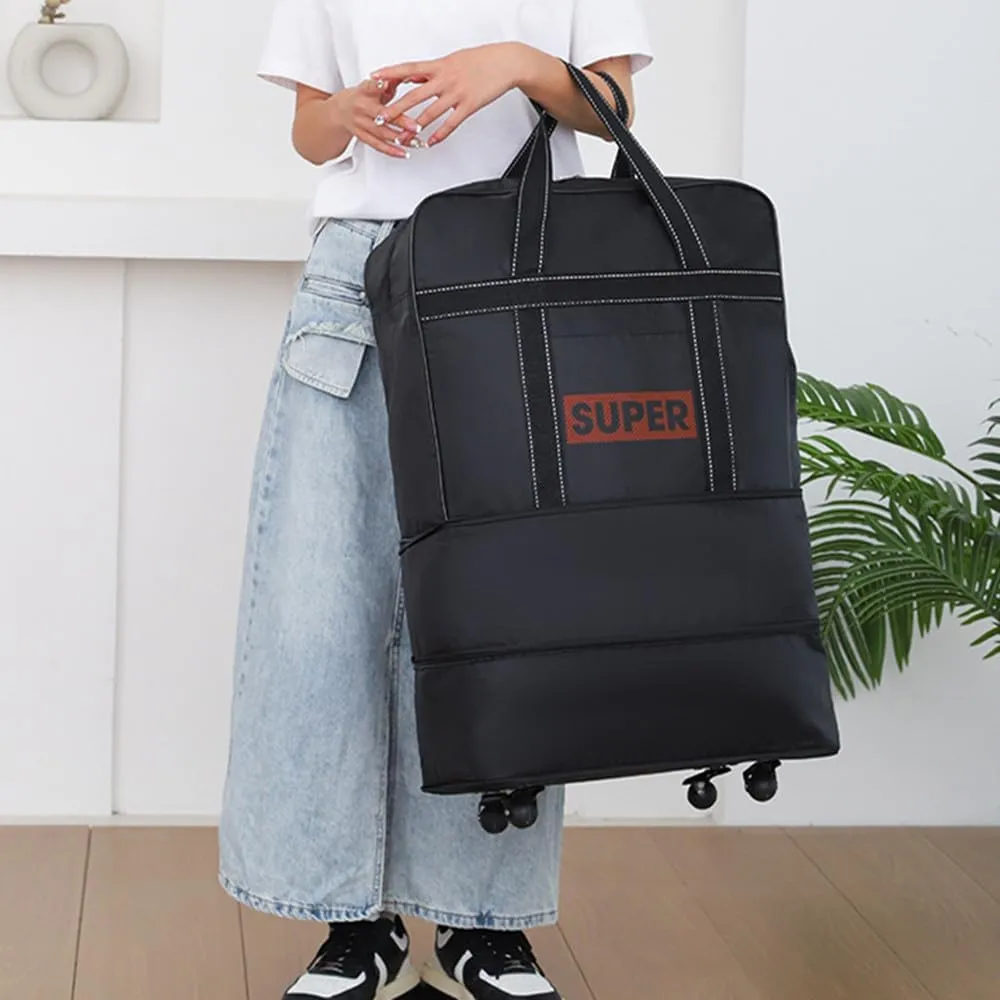 Small Size Expandable Extra Travel Oxford Duffel Bag with Wheels Waterproof Lightweight Traveling Foldable Suitcase Black