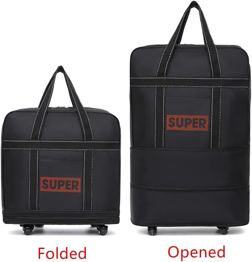 Small Size Expandable Extra Travel Oxford Duffel Bag with Wheels Waterproof Lightweight Traveling Foldable Suitcase Black