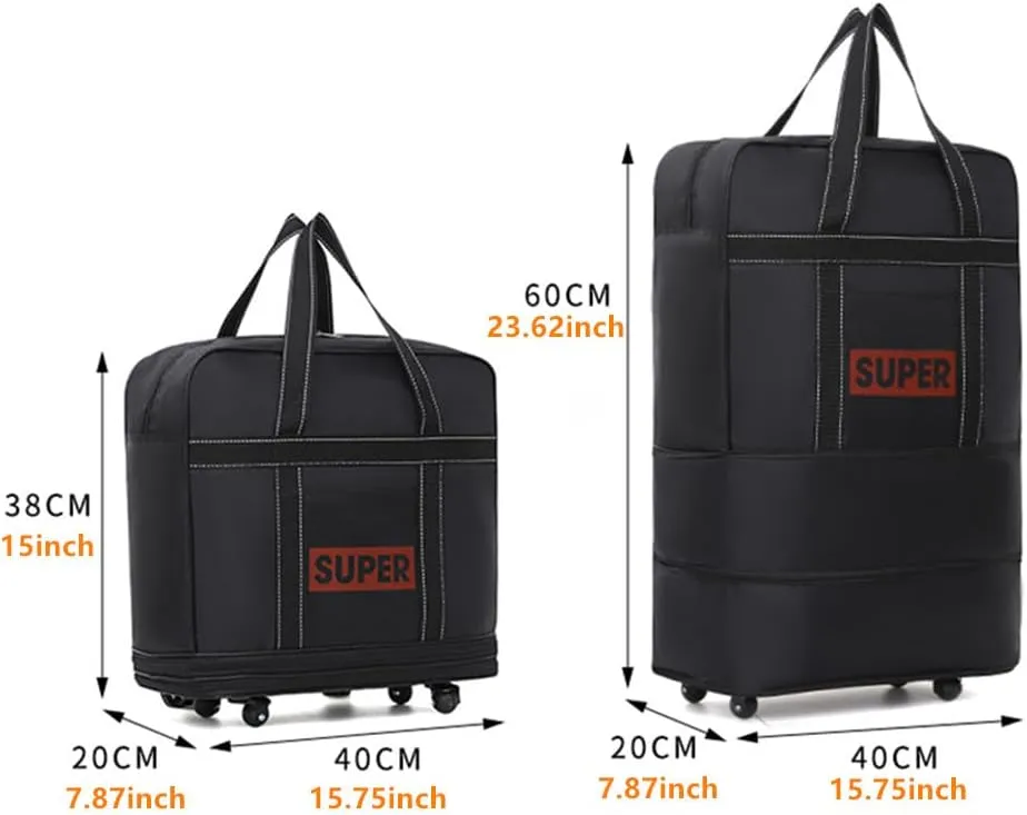 Small Size Expandable Extra Travel Oxford Duffel Bag with Wheels Waterproof Lightweight Traveling Foldable Suitcase Black