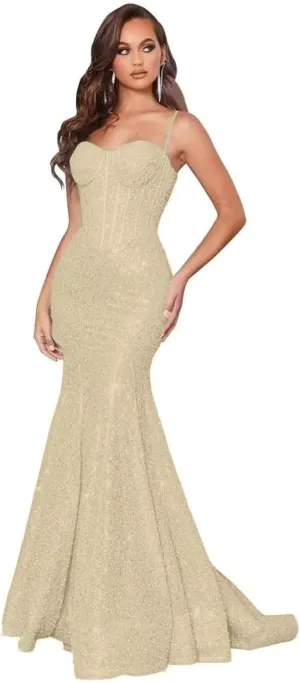 Sparkly Sequin Prom Dresses for Women Mermaid Gowns Evening Dresses Spaghetti Straps Bodycon Formal Party Dress