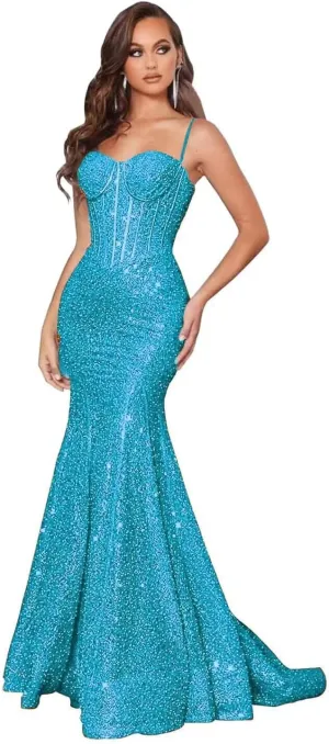 Sparkly Sequin Prom Dresses for Women Mermaid Gowns Evening Dresses Spaghetti Straps Bodycon Formal Party Dress