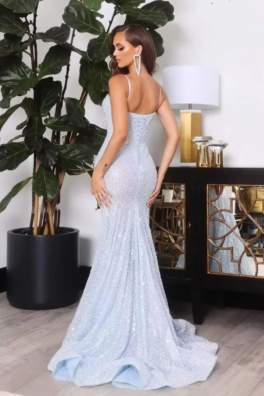 Sparkly Sequin Prom Dresses for Women Mermaid Gowns Evening Dresses Spaghetti Straps Bodycon Formal Party Dress
