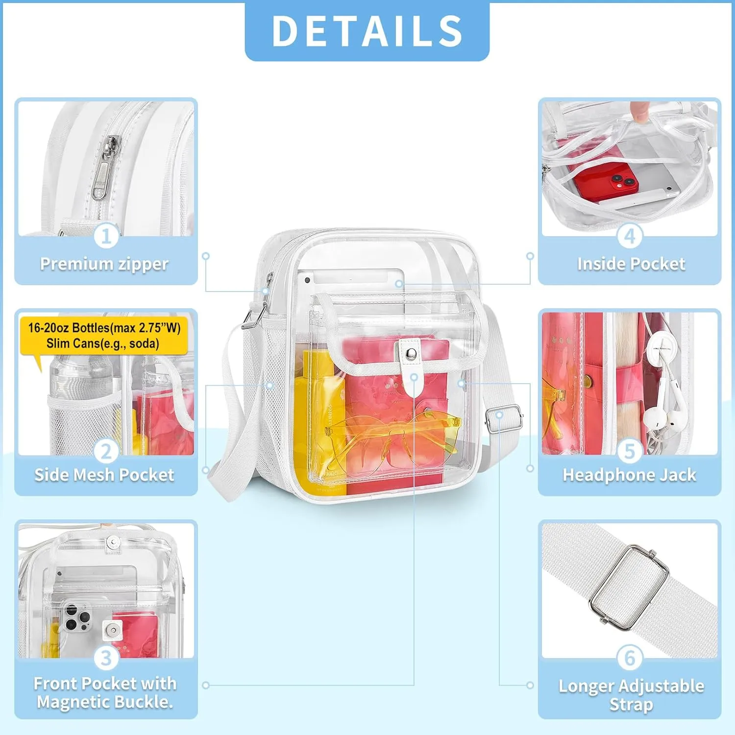 SPODEARS Clear Crossbody Bag for Stadium Events & Concerts - Adjustable Shoulder Strap Purse with 1 Bottle Holder