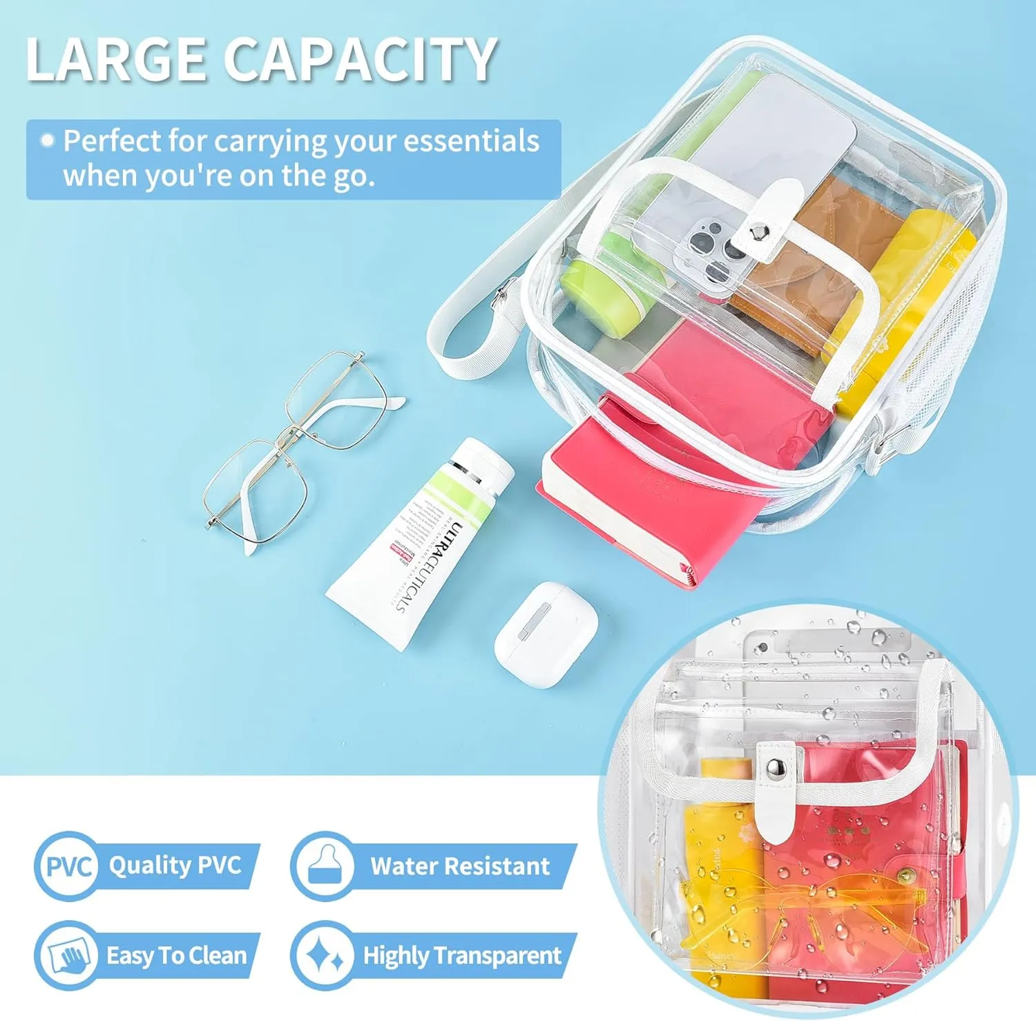 SPODEARS Clear Crossbody Bag for Stadium Events & Concerts - Adjustable Shoulder Strap Purse with 1 Bottle Holder