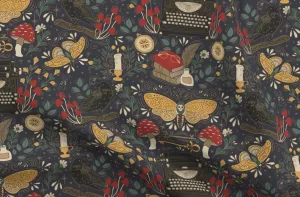 Spoonflower Fabric - Dark Academia Moth Raven Mushrooms Feather Candle Moody Typewriter Printed on Denim Fabric Fat Quarter - Bottomweight Apparel Home Decor Upholstery