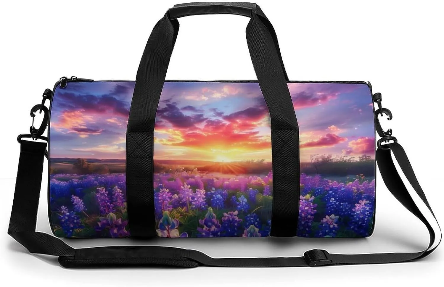 Spring Sunrise Bluebonnets Texas Hill Country Gym Bag Lightweight Carry On Duffel Bag Athletic Sports Travel Bag Weekender Bag for Men Women
