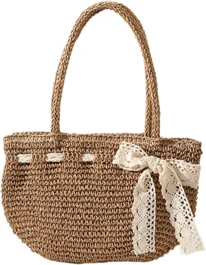 Straw Bags for Women, Retro Straw Handbag with Lacce Knot, Beach Bags for Women, Woven Straw Beach Bag, 5.9x9.8 Portable Straw Tote Bag for Summer, One Color, One Size