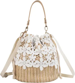 Straw Bags for Women, Straw Tote, Floral Pattern Straw Purse Woven Lace Straw Shoulder Bag Portable Straw Bag for Beach, One Color, One Size