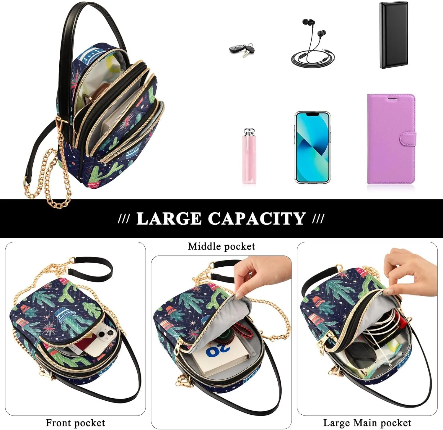 Strawberry in Red on Pink Women’s Crossbody, Crossbody Purses for Women Trendy, Three Zipper Crossbody Bags for Women
