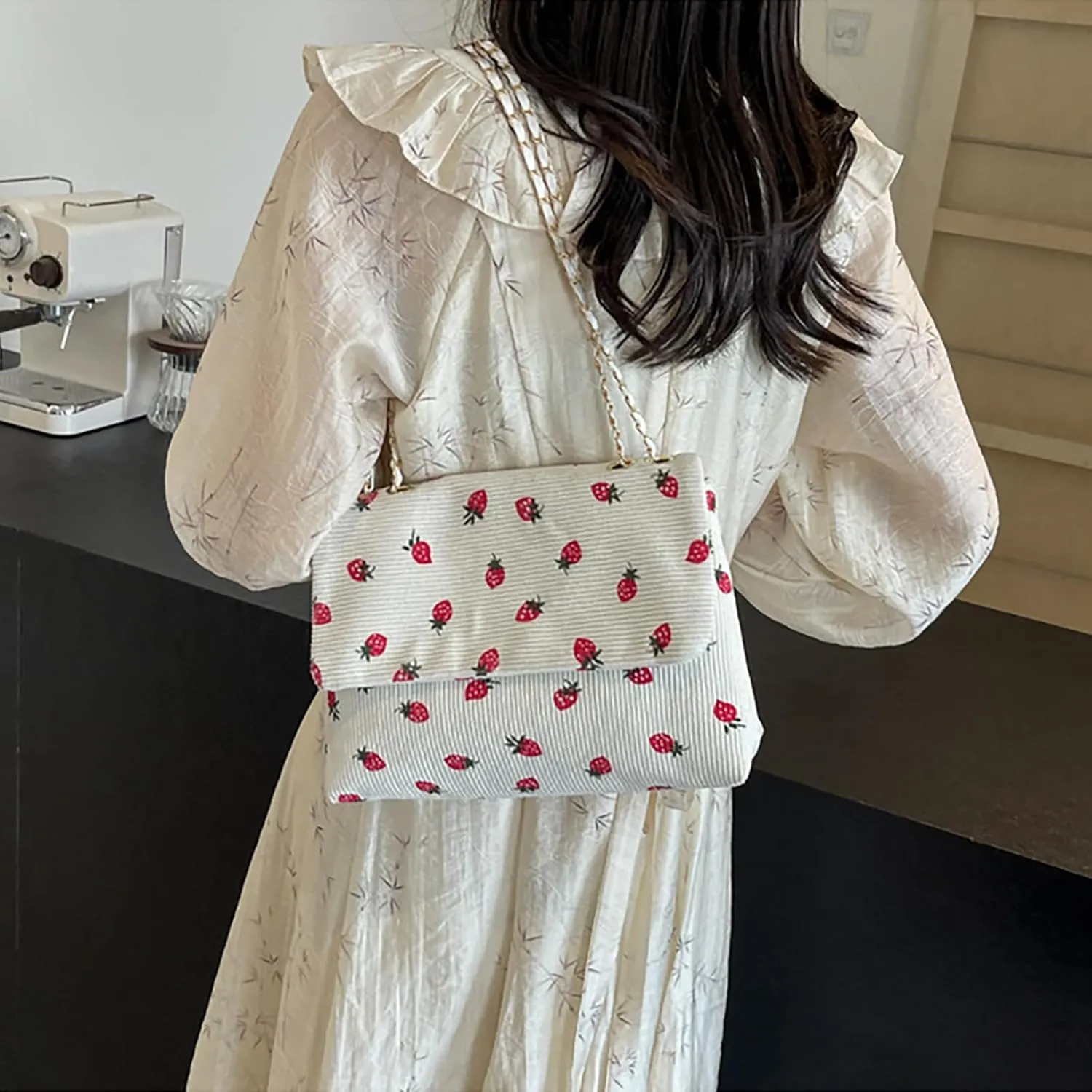 Strawberry Purse Corduroy Tote Bag for Women Cute Aesthetic Crossbody Bag Fashion Chain Shoulder Handbag Canvas Wallet