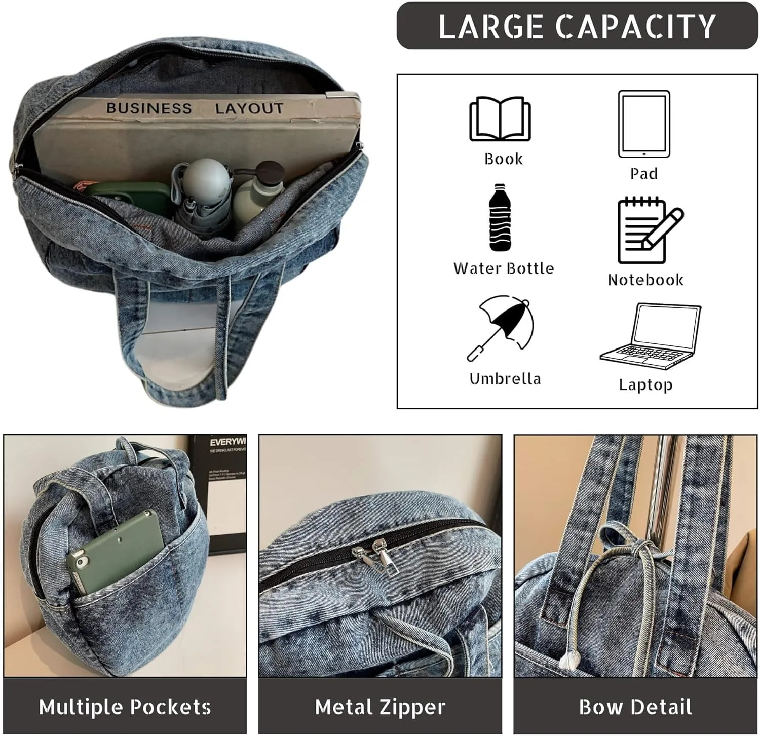 Stylish Round Denim Shoulder Bag with Bow, Lightweight Tote Bag for Women, Casual Retro Aesthetic Handbag for Work Travel