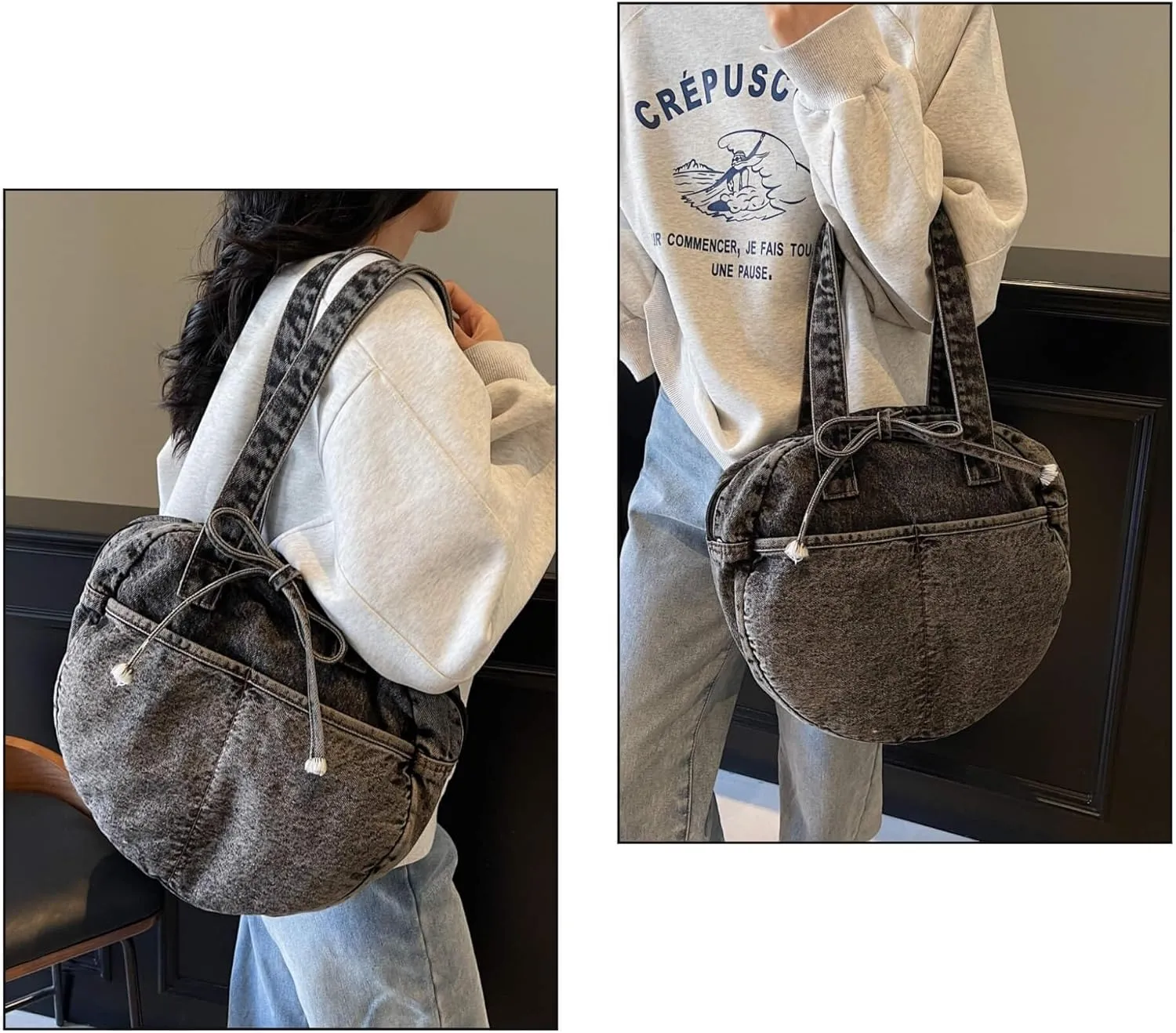 Stylish Round Denim Shoulder Bag with Bow, Lightweight Tote Bag for Women, Casual Retro Aesthetic Handbag for Work Travel