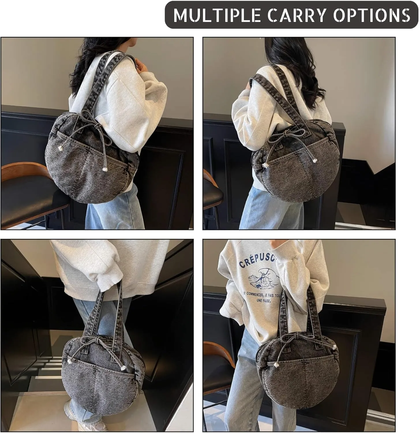 Stylish Round Denim Shoulder Bag with Bow, Lightweight Tote Bag for Women, Casual Retro Aesthetic Handbag for Work Travel