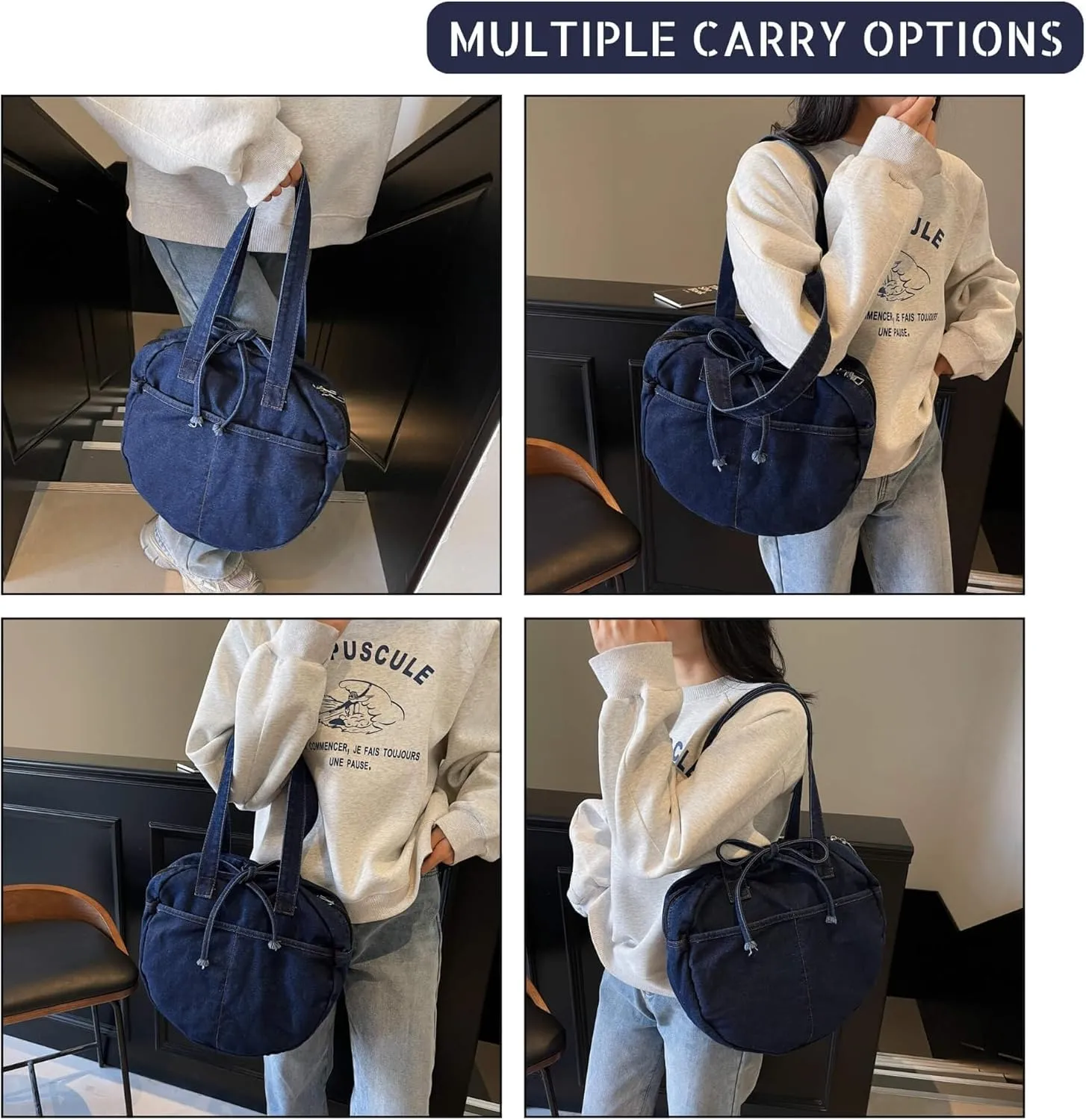 Stylish Round Denim Shoulder Bag with Bow, Lightweight Tote Bag for Women, Casual Retro Aesthetic Handbag for Work Travel